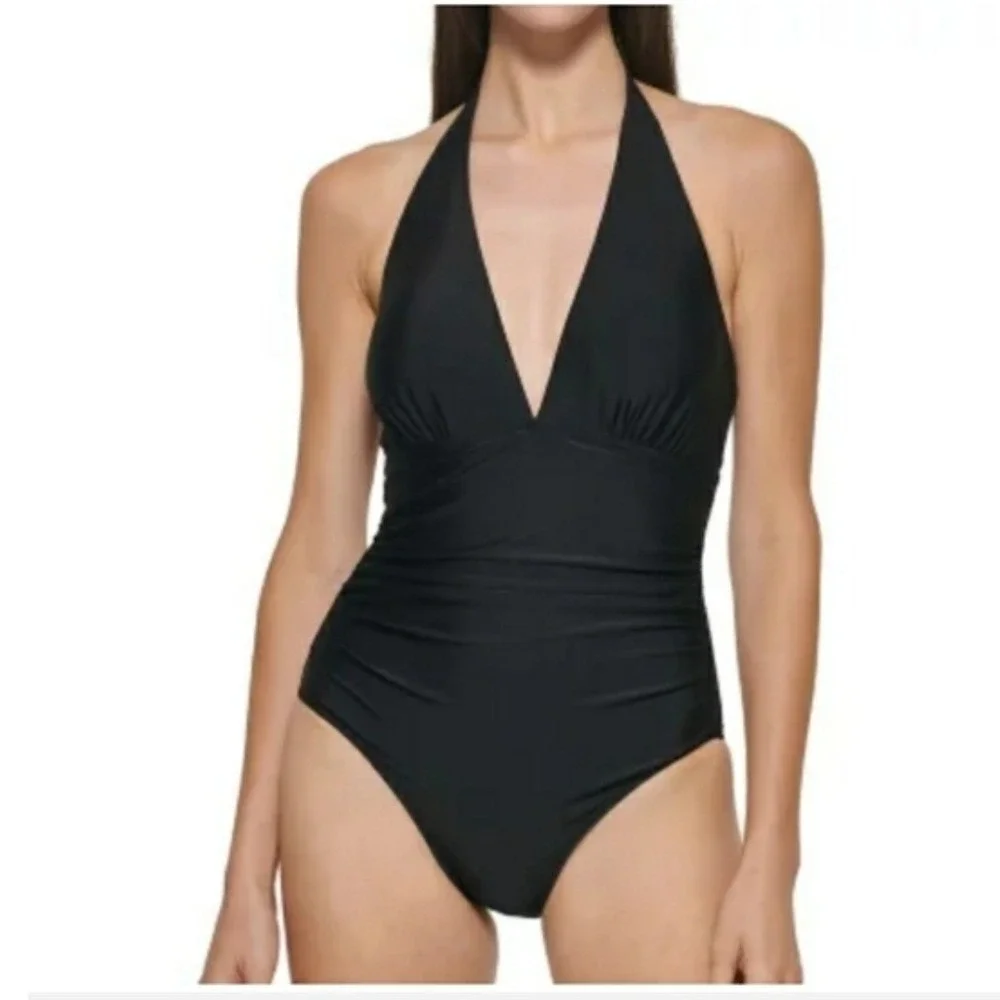 DKNY Womens Black Halter One Piece Swimsuit Tummy Control XXL DI2SS001 - Picture 10 of 11